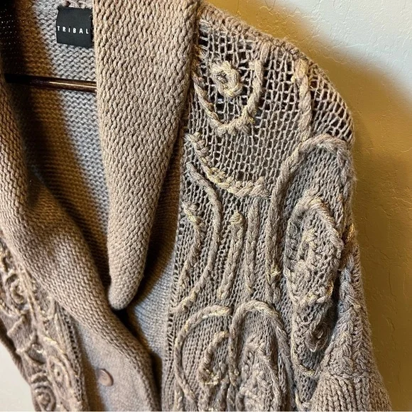 Tribal Lagenlook double breasted buttondown poncho cardigan, chunky knit OS - Picture 3 of 11